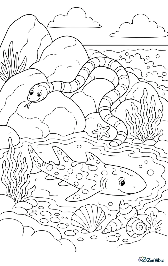 A Cape coral snake slithers between seaside rocks near a tide pool where a pajama shark glides past seaweed, shells, and foamy water.