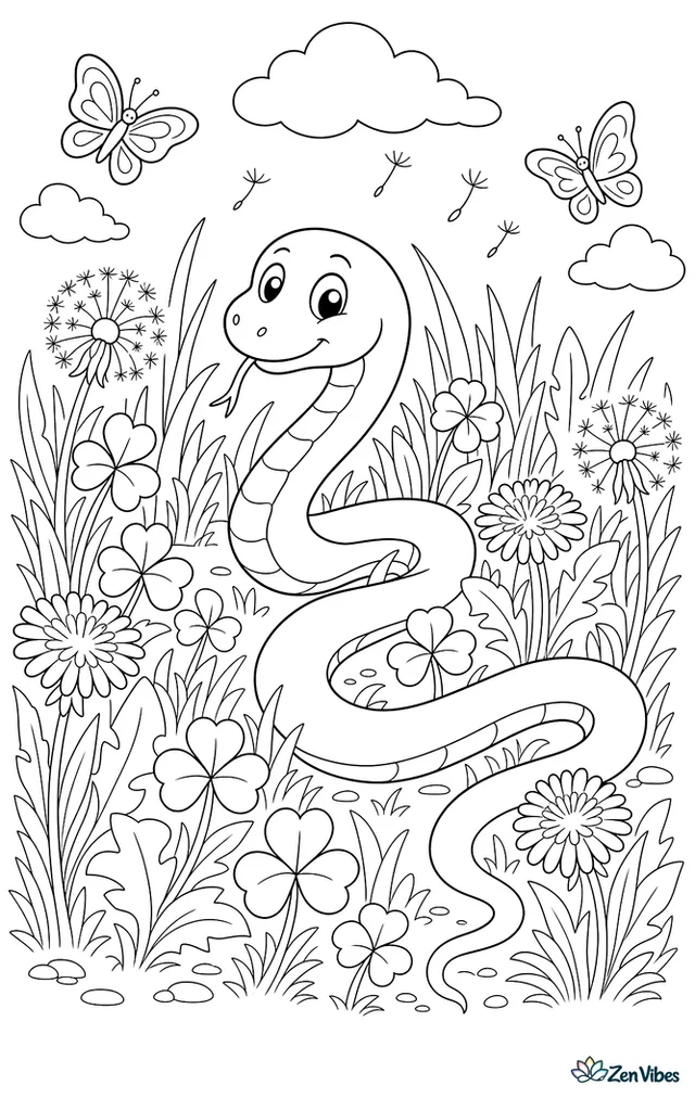 A smooth green snake moves through clover and tall meadow grass, searching among dandelions, butterflies, and seed heads on a breezy summer day.