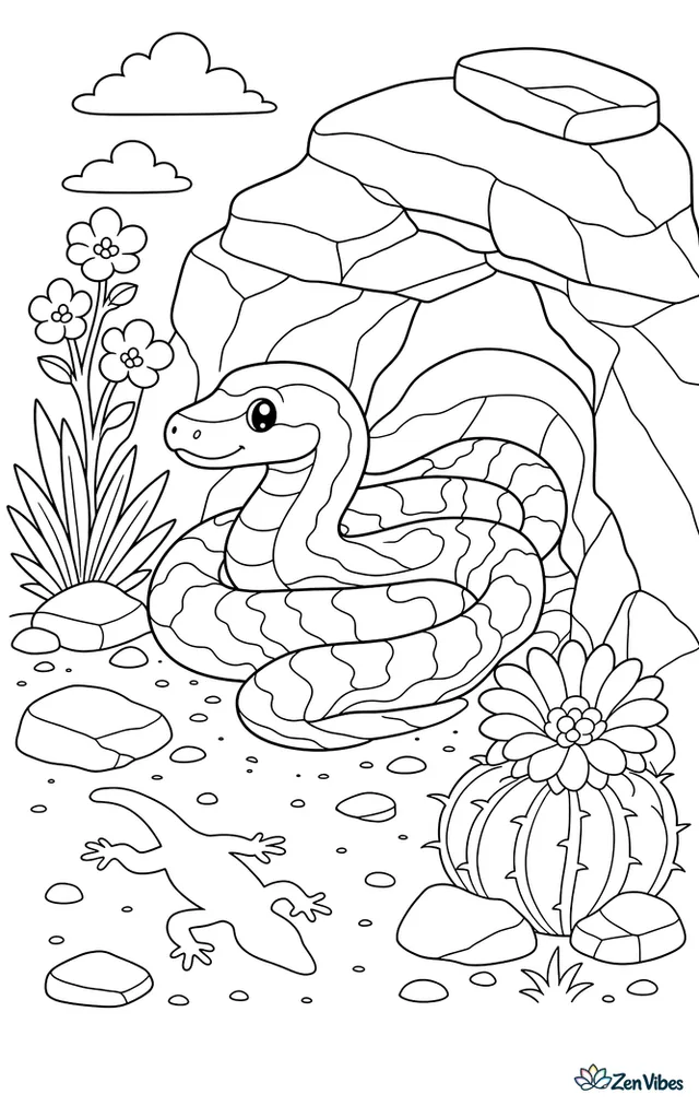 A rosy boa rests in a rocky canyon nook, coiled beside desert blooms, layered stones, and a small lizard-shaped shadow cast on sand.