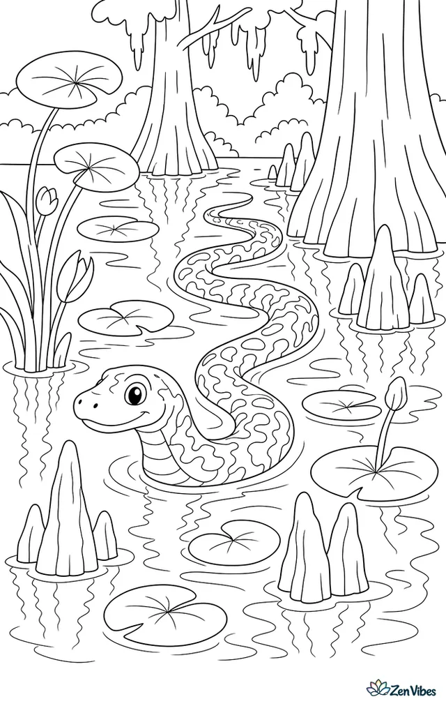 A mud snake swims through a cypress swamp channel, weaving past lily stems, floating leaves, tree knees, and mirrored reflections in still water.