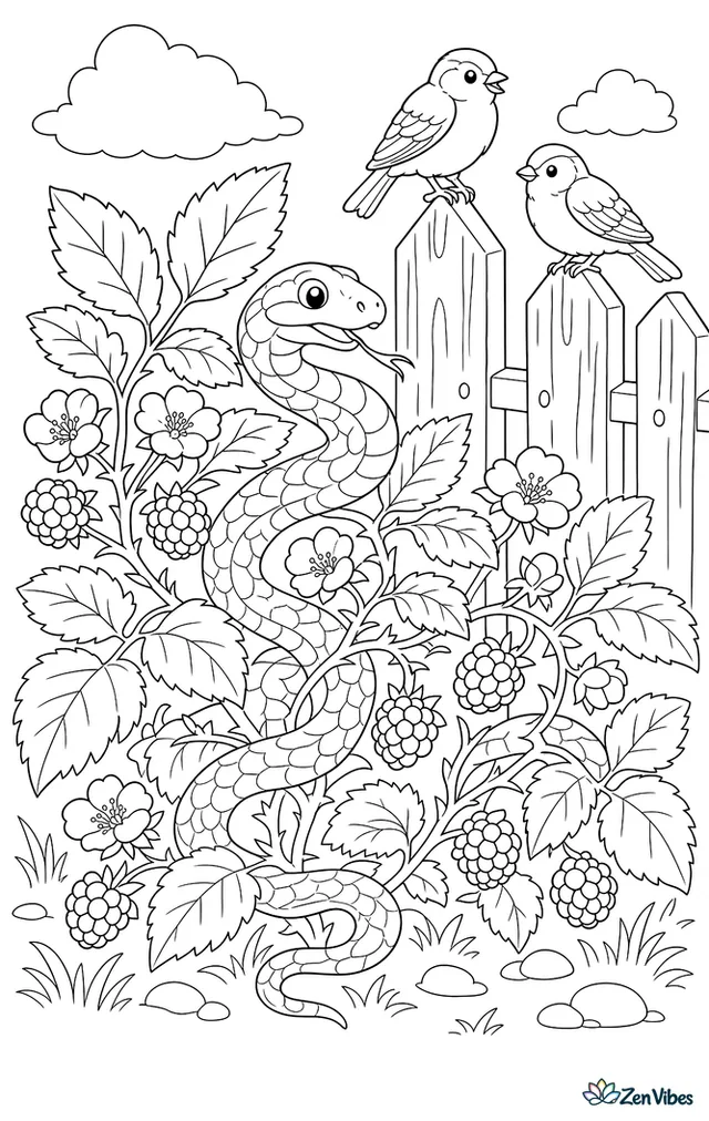 A rough green snake threads through a blackberry bramble, curling around leaves, blossoms, and berries while sparrows perch on a nearby fence.