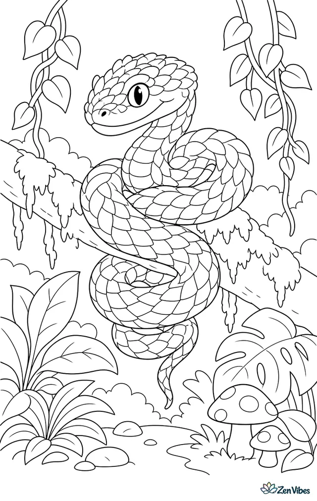 A variable bush viper coils around a mossy branch in a misty forest, with dangling vines, broad leaves, mushrooms, and layered foliage all around.