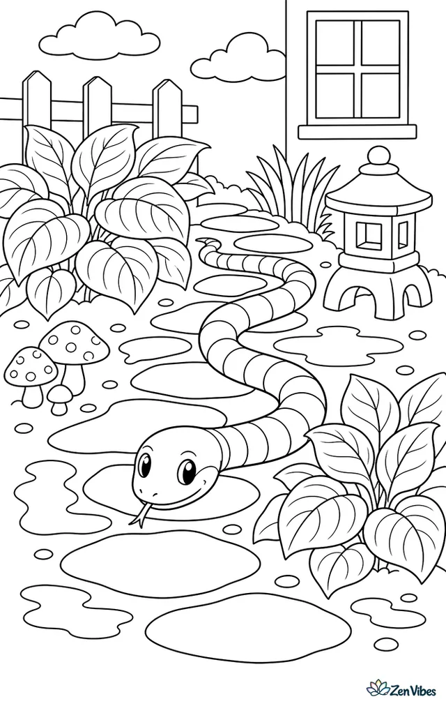 A banded kukri snake follows a stone garden path after rain, slipping past hostas, puddles, mushrooms, and a small lantern near stepping stones.