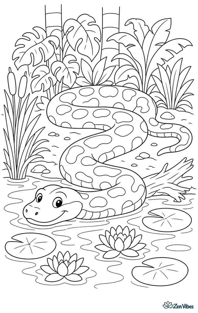 A green anaconda sprawls along a muddy riverbank, partly in water, among reeds, driftwood, water lilies, and dense jungle plants behind it.