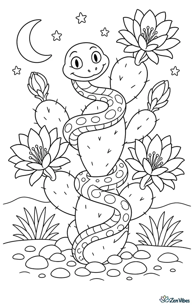 A cat-eyed snake climbs a flowering night-blooming cactus, winding past blossoms, pads, pebbles, and a crescent moon over the desert.