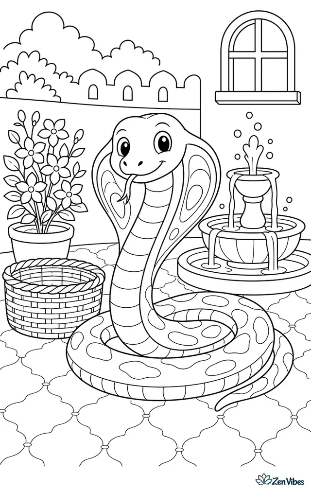 An Indian cobra raises its hood in a peaceful courtyard garden, beside a woven basket, potted jasmine, patterned tiles, and a bubbling fountain.