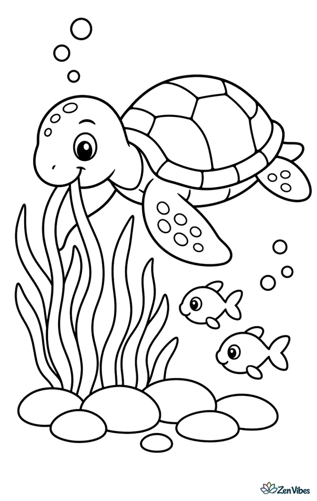 A green sea turtle glides above a seagrass meadow, nibbling long blades while small bubbles rise, smooth stones rest below, and two tiny fish drift nearby under gentle ocean waves.