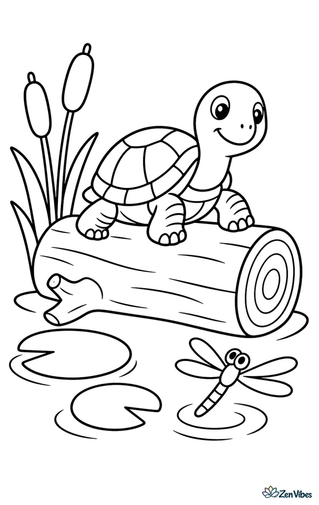 A painted turtle sits on a fallen log, warming in bright sunshine beside calm pond water, with cattails, lily pads, and a dragonfly hovering over simple ripples.