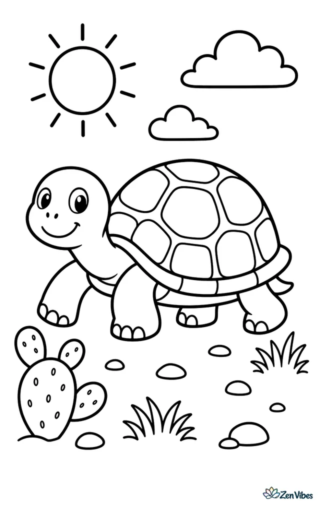A desert tortoise slowly walks across sandy ground dotted with small rocks, cactus pads, and tufts of dry grass beneath a round sun and a few puffy clouds.