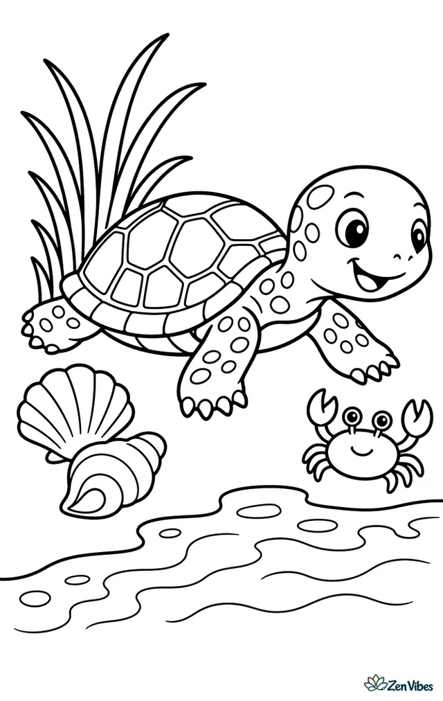 A diamondback terrapin hatchling crawls over damp sand toward shallow marsh water, passing seashells, marsh grass, and a tiny crab while simple waves lap the shore.