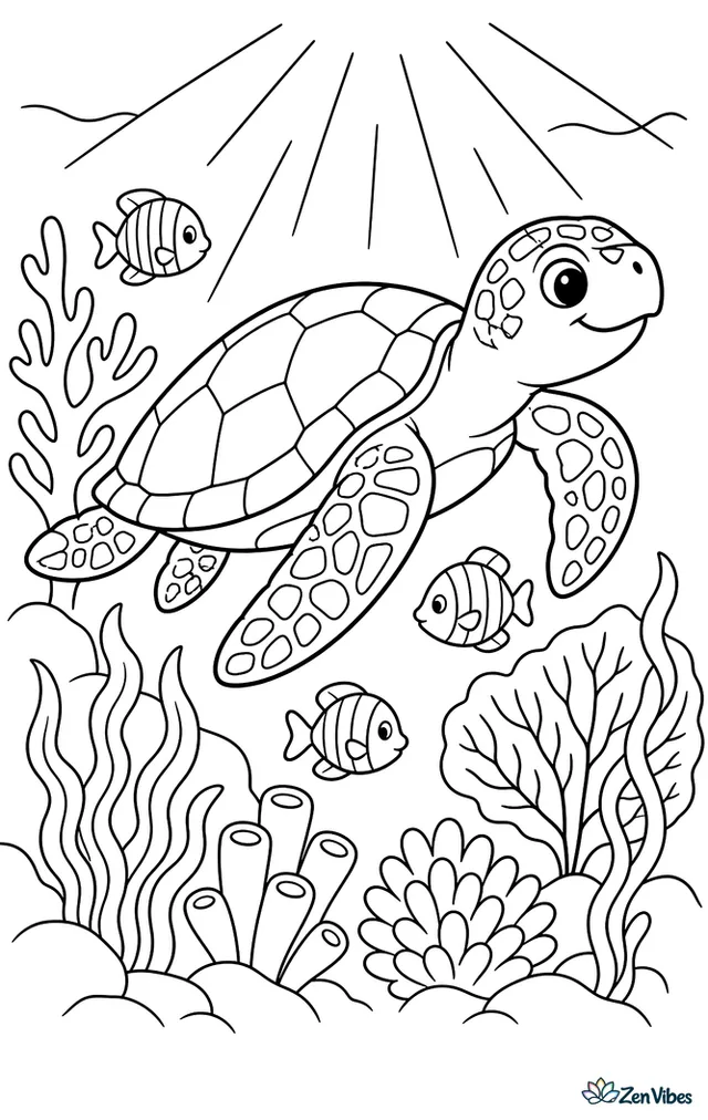 A hawksbill sea turtle swims through a coral reef, weaving between branching coral, sea fans, and striped fish while sunlight beams down and seaweed sways along the rocks.