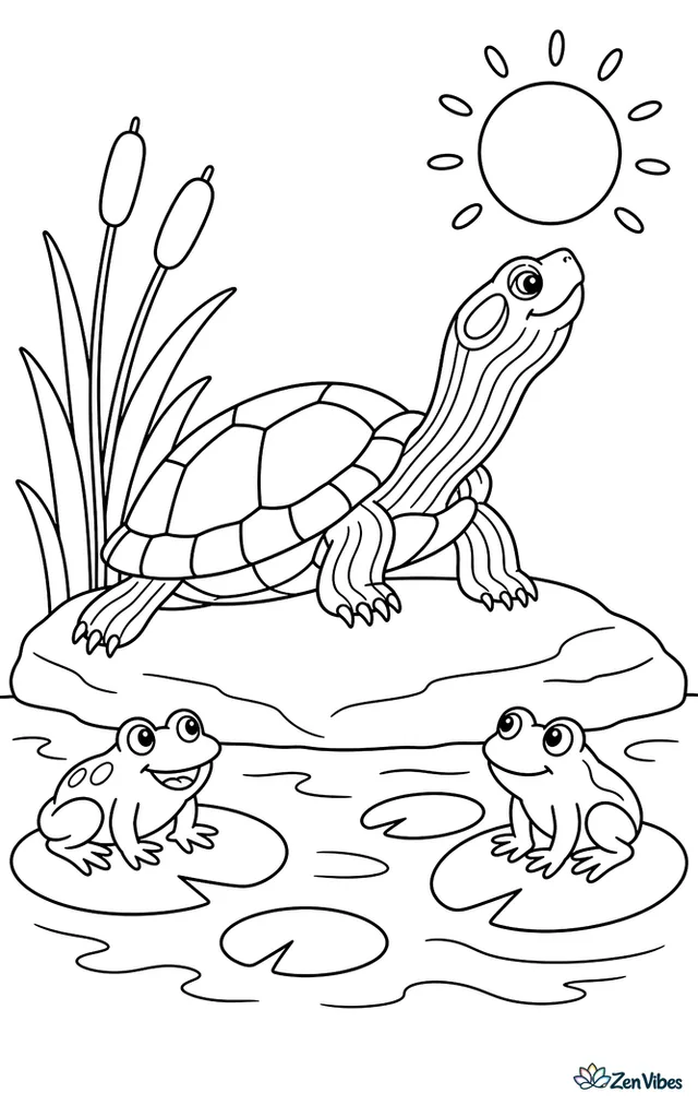 A red-eared slider balances on a flat riverside rock, stretching its neck toward the sun, with reeds, floating lily pads, and a pair of frogs near calm water.