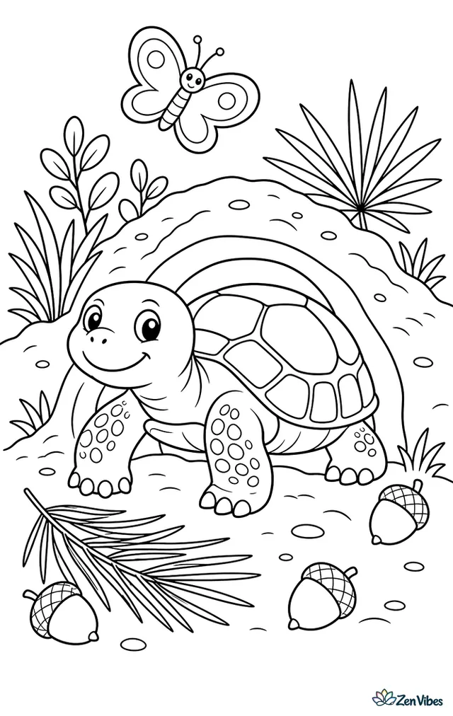 A gopher tortoise stands at the entrance of its sandy burrow, surrounded by pine needles, scrub plants, scattered acorns, and a butterfly drifting over the warm ground.