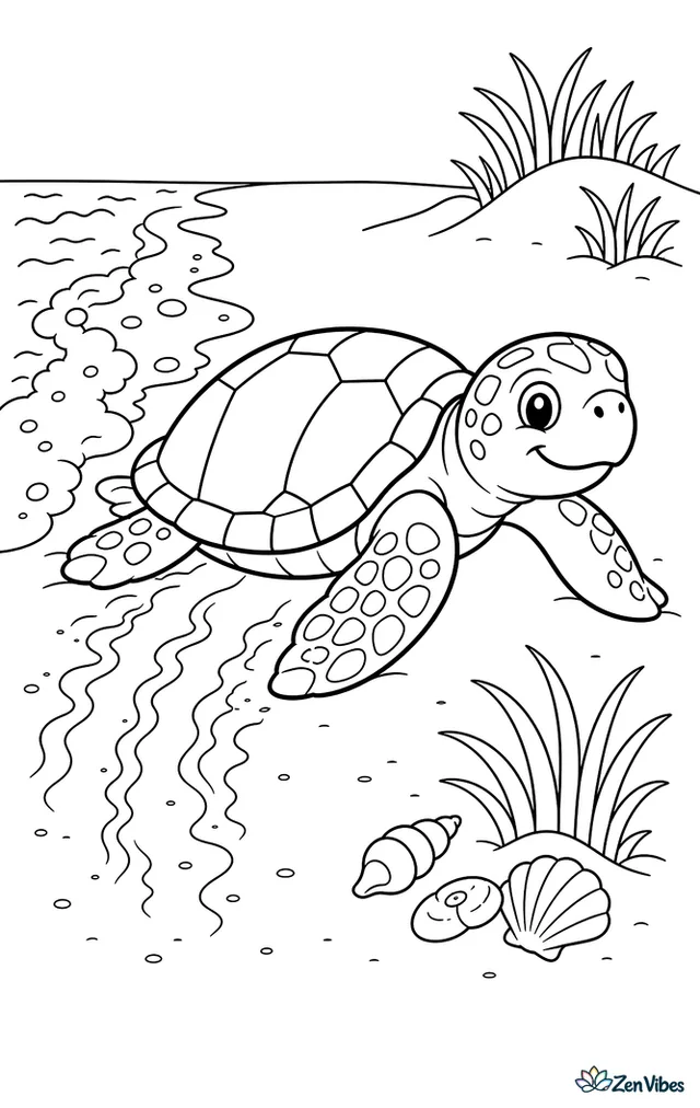 A loggerhead sea turtle crawls from foamy surf onto a wide beach, leaving flipper tracks behind while dune grass, shells, and a distant sand dune frame the scene.