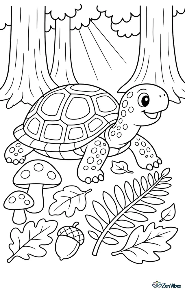 An eastern box turtle explores a forest floor, stepping past round mushrooms, fallen leaves, fern fronds, and an acorn beneath tall tree trunks and filtered woodland light.