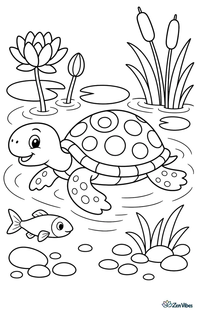 A spotted turtle paddles through a quiet pond, passing lily stems, round pads, pebbles, and a curious minnow while cattails rise at the edge and gentle rings spread outward.