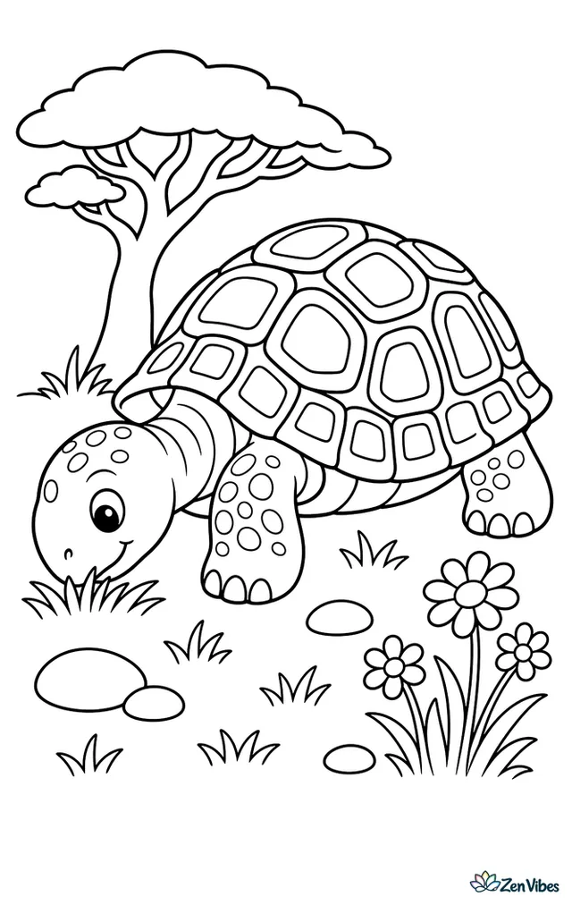 A leopard tortoise lowers its head to graze on short grass in an open field, with smooth stones, wildflowers, and a broad acacia tree standing under a clear sky.