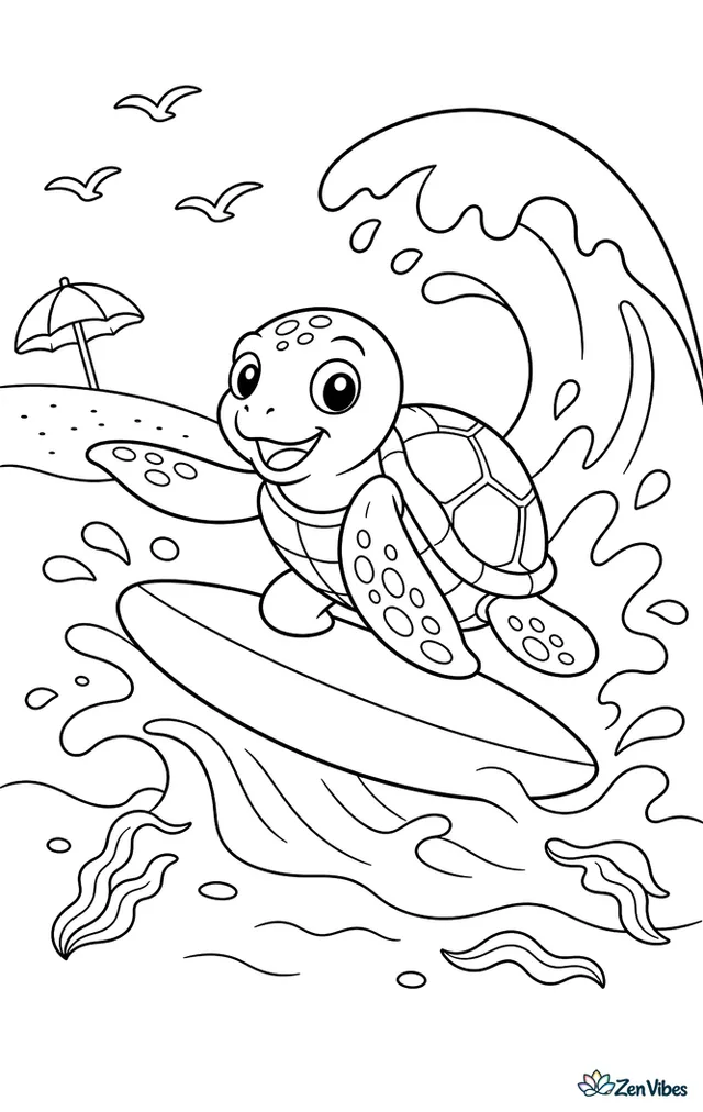 An olive ridley sea turtle rides a rolling wave near shore, surrounded by splashes, floating seaweed, distant gulls, and a sandy beach with a striped umbrella far behind.