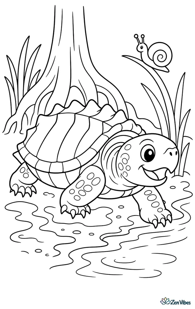 A razorback musk turtle steps through soft mud at the edge of a bayou, with cypress roots, reeds, a snail on a stem, and rippling water nearby.