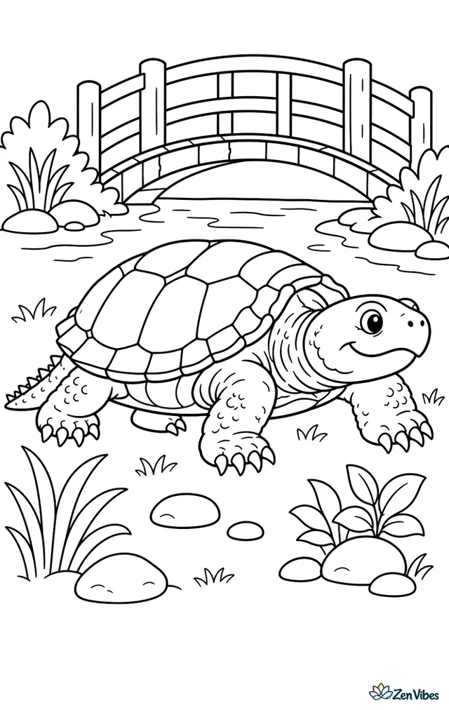 A common snapping turtle crosses a grassy creek bank, moving around smooth stones and low plants while a wooden footbridge arches above quiet water in the background.
