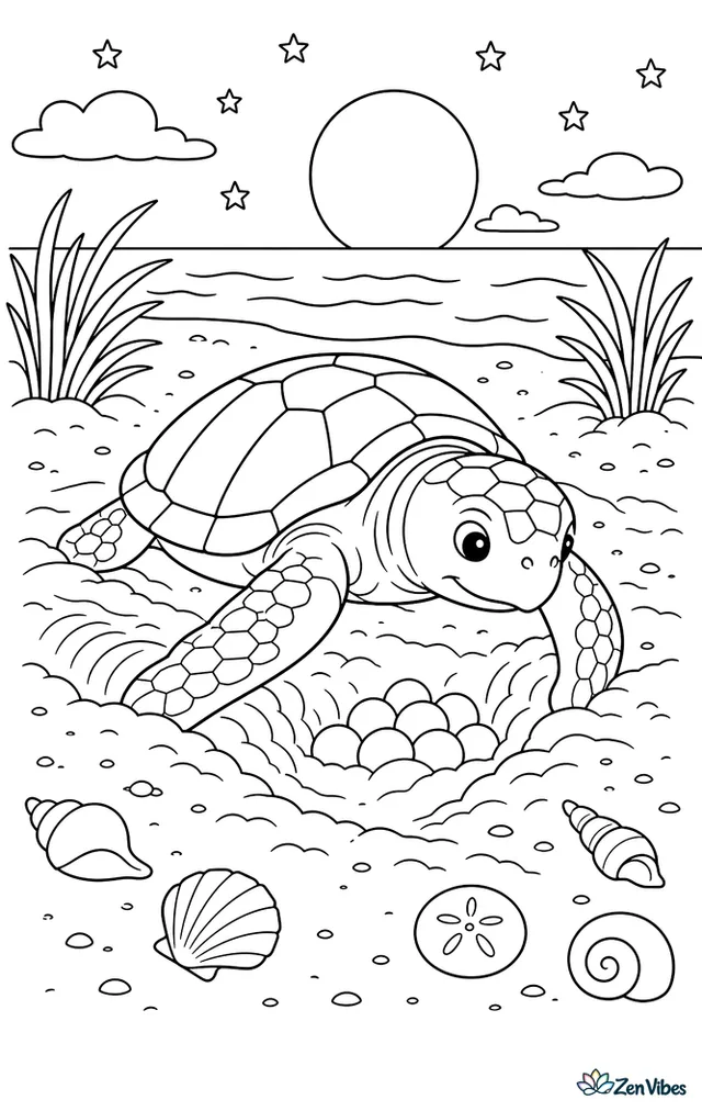 A Kemp's ridley sea turtle digs a nest in warm beach sand, with flipper marks, scattered shells, dune grass, and a calm horizon line beneath a rising moon.