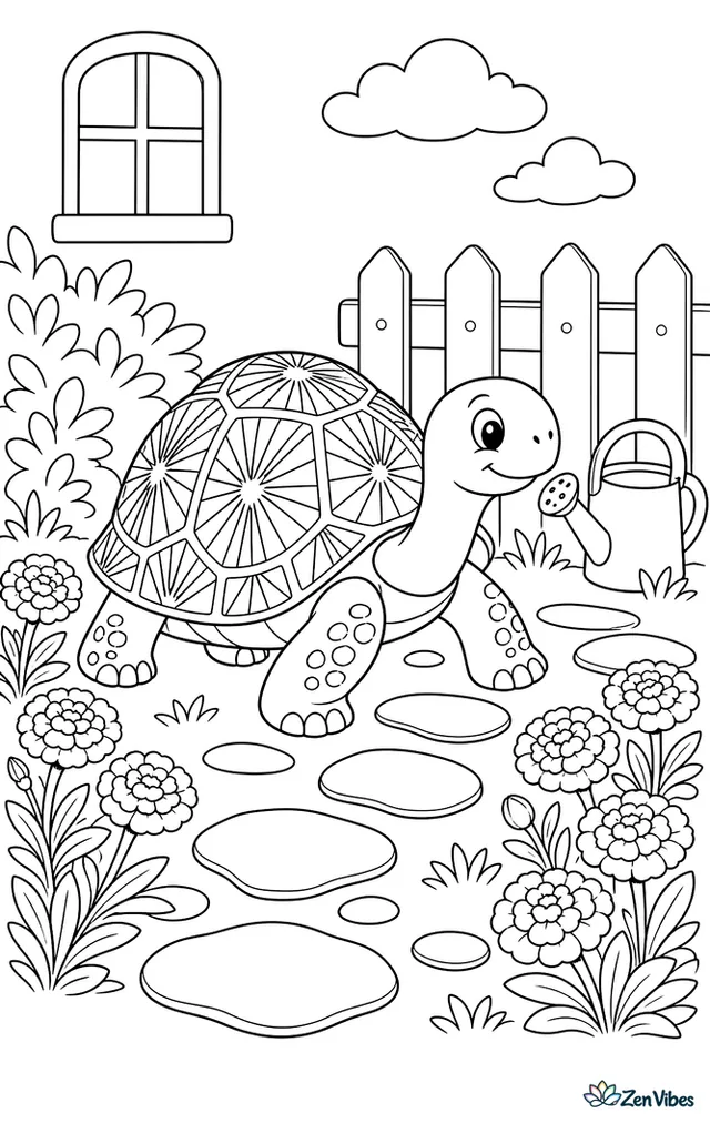 A radiated tortoise strolls through a garden path bordered by marigolds, flat stepping stones, leafy shrubs, and a small watering can beside a low wooden fence.