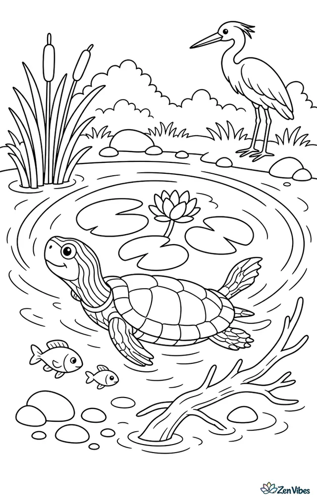 A river cooter swims in a looping circle around lily pads, passing reeds, a submerged branch, pebbles, and two small fish while a heron silhouette stands onshore.