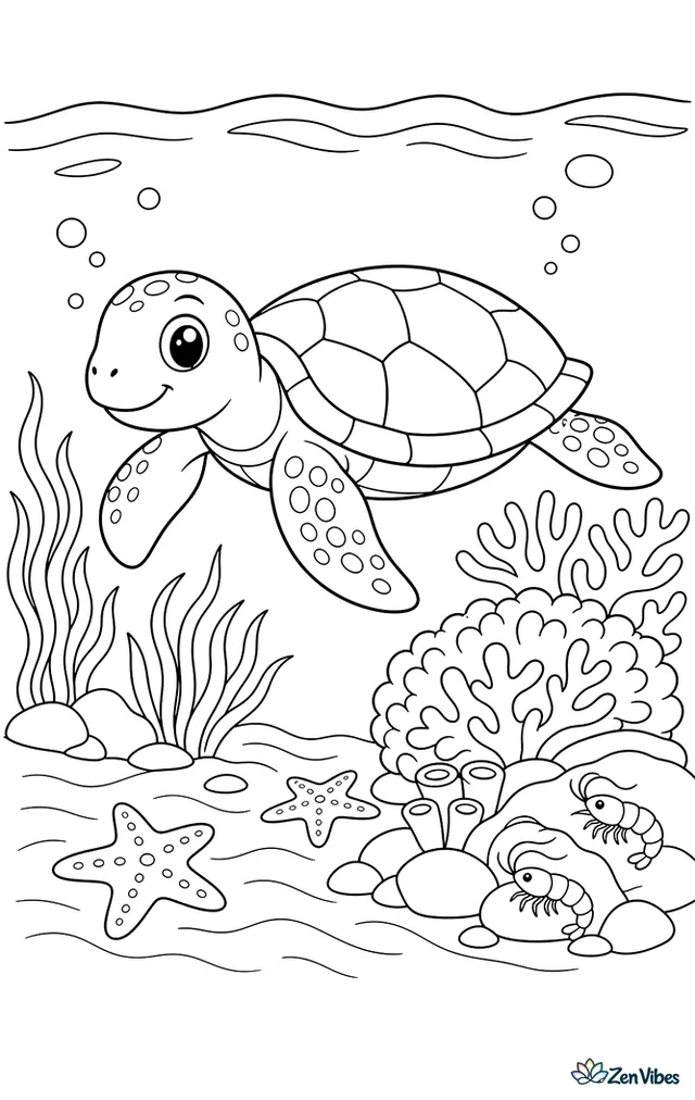 A flatback sea turtle drifts through a shallow lagoon, above sandy ripples and starfish, with coral heads, swaying sea grass, and tiny shrimp tucked among rocks.