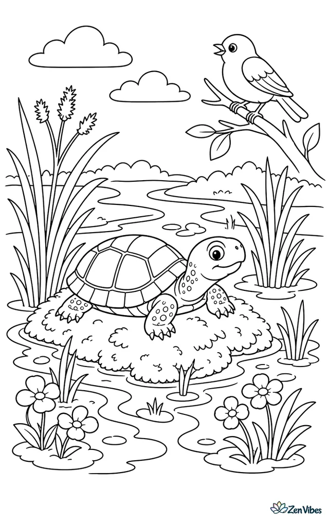 A bog turtle rests on a mossy hummock in a wet marsh, surrounded by sedges, shallow pools, tiny flowers, and a perched songbird above winding muddy channels.