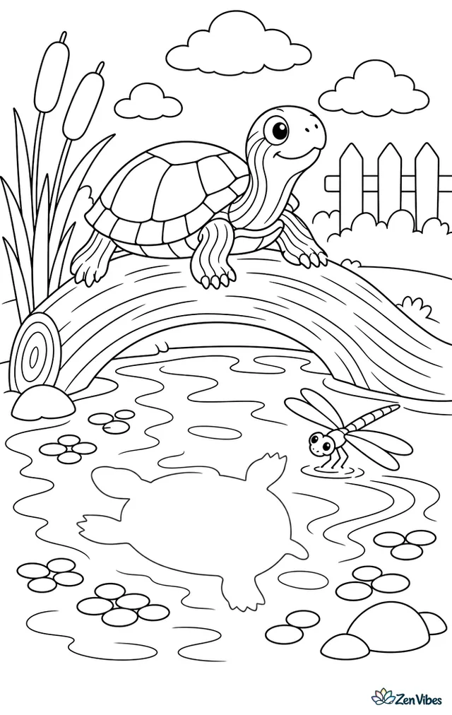 A yellow-bellied slider suns on a curved log above pond water, with duckweed, cattails, a turtle-shaped shadow below, and a dragonfly skimming across the surface.