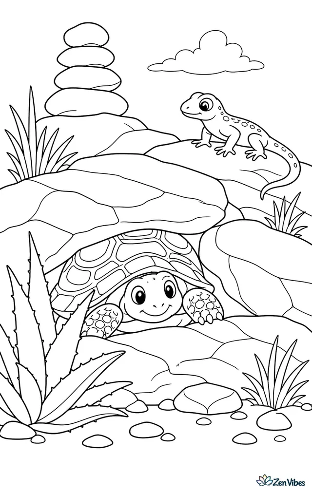 A pancake tortoise peeks from a rocky crevice on a hillside, with stacked stones, dry grasses, aloe leaves, and a lizard watching from a sunlit ledge nearby.