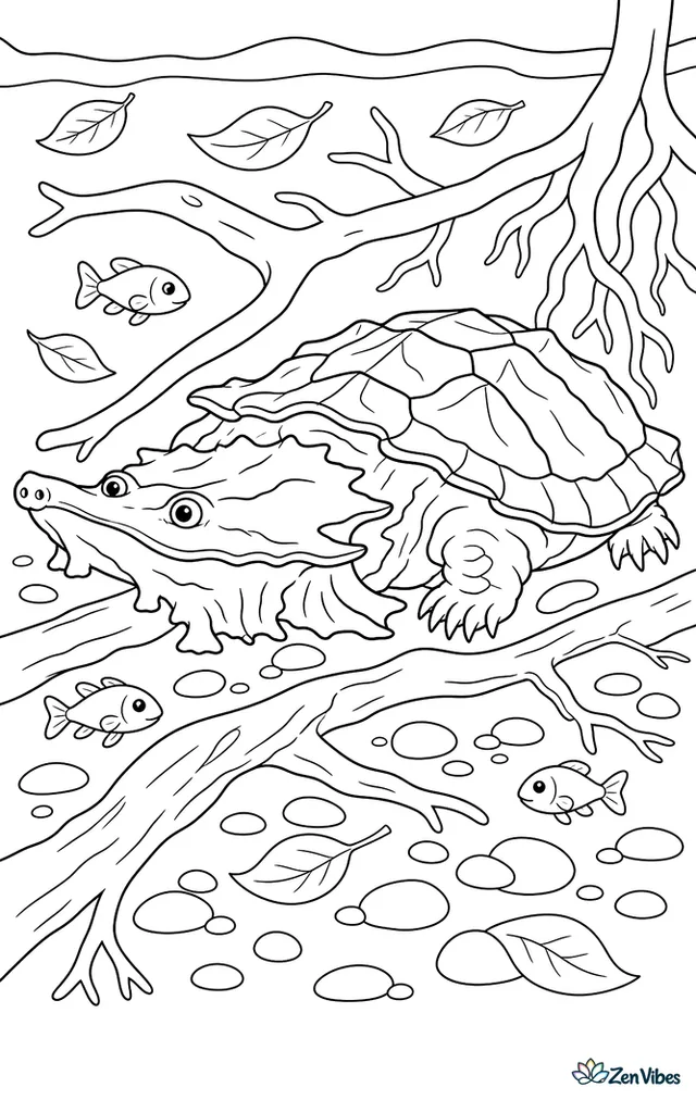 A mata mata turtle waits among fallen branches in slow river water, surrounded by drifting leaves, roots, pebbles, and small fish exploring the shadowy underwater scene.