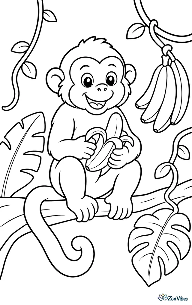 A white-faced capuchin sits on a low tree branch, peeling a banana while broad jungle leaves, hanging vines, and a small bunch of bananas surround the cheerful scene.