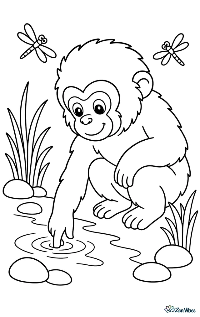 A Japanese macaque crouches beside a shallow stream, touching the water with one hand while smooth stones, reeds, and two dragonflies create a calm woodland setting.