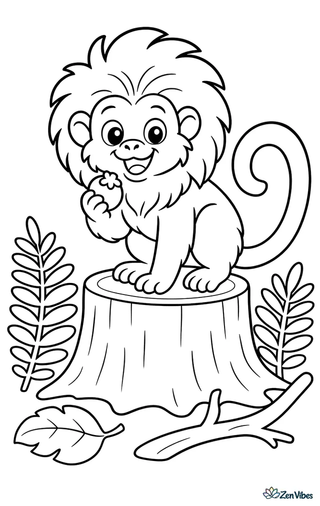 A cotton-top tamarin stands on a tree stump, holding a berry while simple ferns, a fallen leaf, and a curved branch frame the little forest scene.