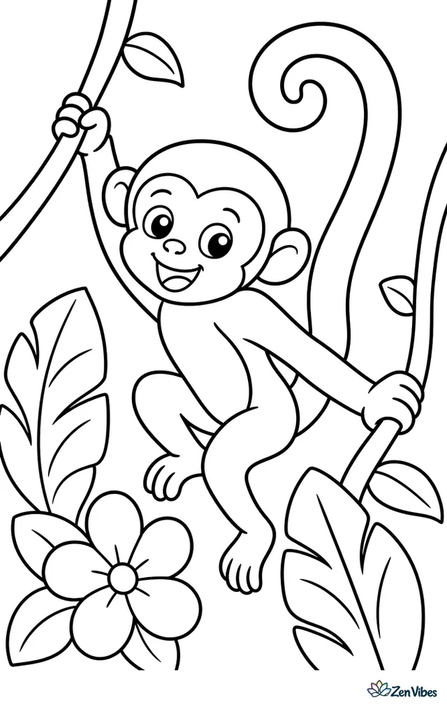 A common squirrel monkey swings from a vine with its tail curled high, surrounded by large leaves, one flower, and a second vine in a bright rainforest scene.