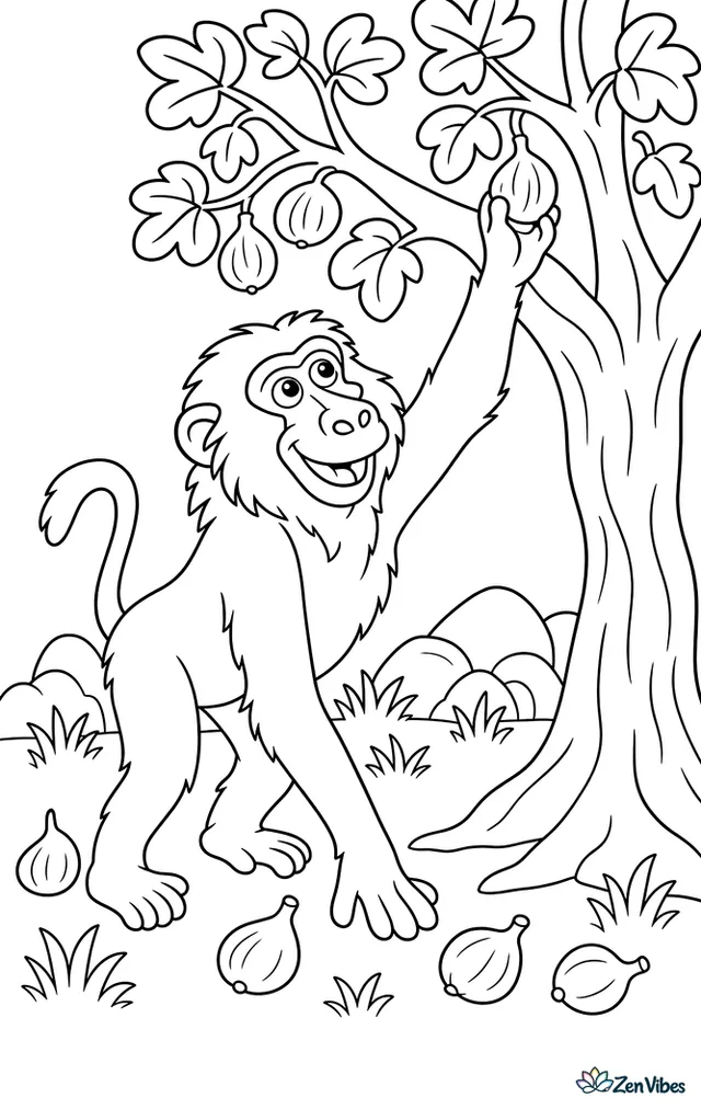A chacma baboon reaches into a fig tree for ripe fruit while grass tufts, scattered figs, a thick trunk, and distant rounded rocks fill the sunny savanna scene.