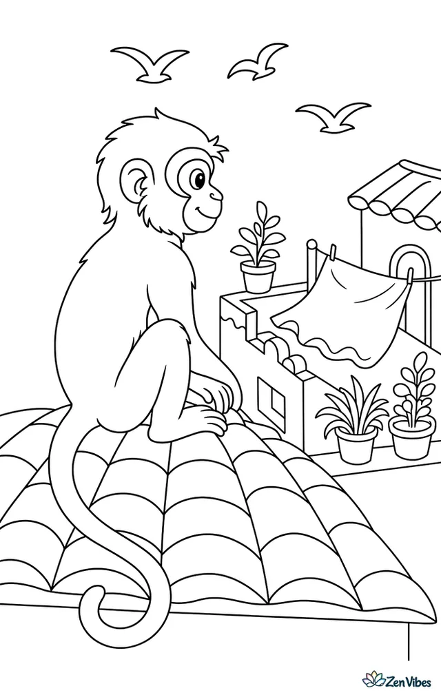 A gray langur sits on a tiled rooftop, looking over a courtyard with potted plants, a fluttering cloth, roof edges, and a few birds gliding in the sky.