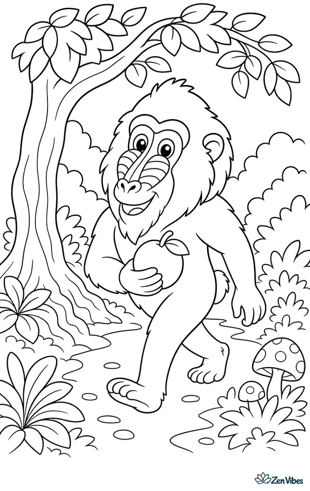 A mandrill walks along a forest path carrying a fallen fruit, with layered bushes, tree roots, mushrooms, and arching branches making a lively woodland scene.