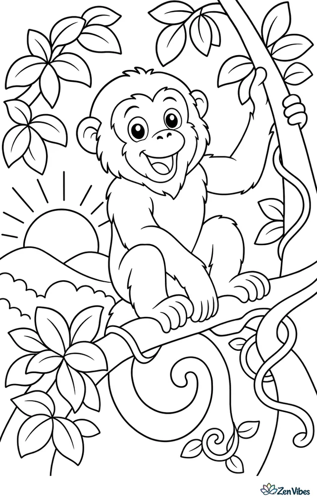 A red howler monkey sits high in a tree at sunrise, surrounded by clustered leaves, a round sun, distant hills, and curling vines across the canopy.