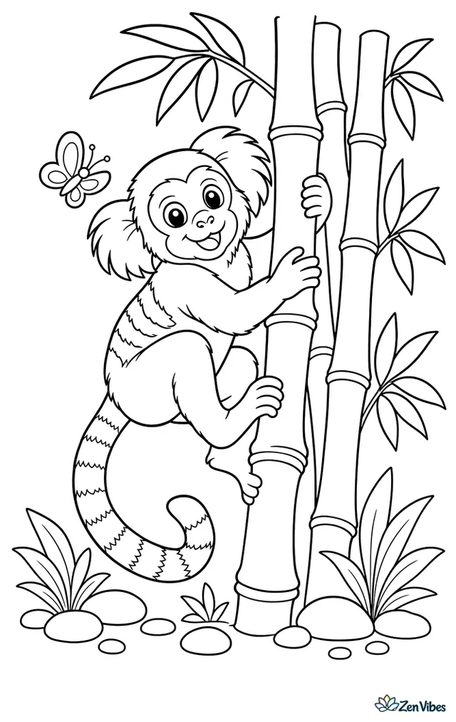 A common marmoset climbs a stand of bamboo, pausing beside knobby stems while narrow leaves, pebbles, and a tiny butterfly add detail to the garden-like scene.