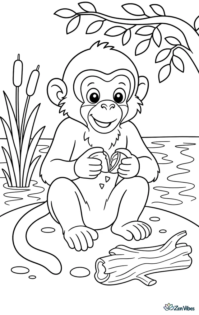 A gray-cheeked mangabey sits on a riverbank cracking a seed, with rippling water, cattails, driftwood, and overhanging branches shaping the peaceful habitat.