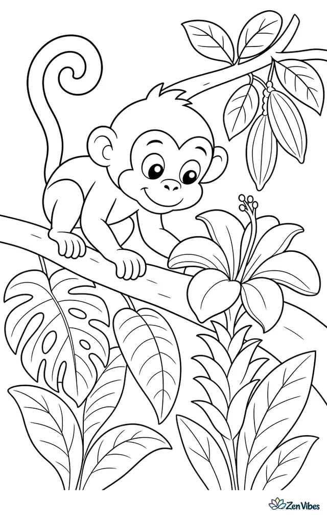 A Diana monkey peers at a blooming tropical flower from a branch, while layered leaves, seed pods, and another branch crossing behind build a gentle rainforest scene.