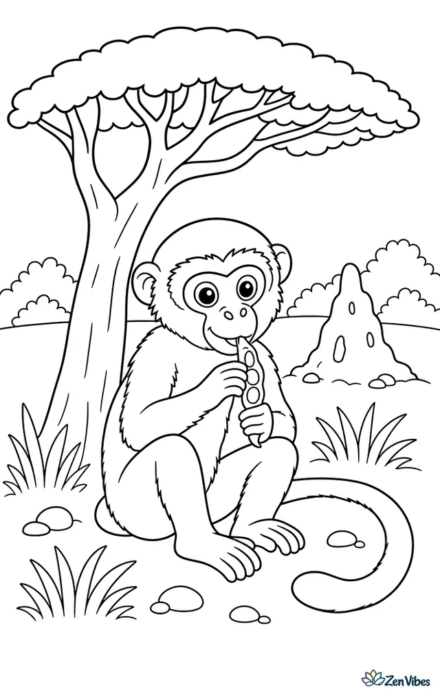 A vervet monkey relaxes beneath an acacia tree, nibbling a pod while grasses, a termite mound, small stones, and distant shrubs spread across the savanna.
