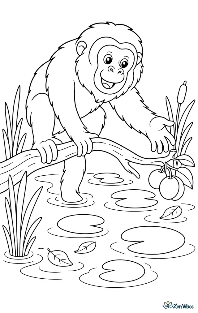 A red uakari balances on a low branch above lily pads, reaching toward fruit as reeds, floating leaves, and gentle water ripples fill the swampy scene.