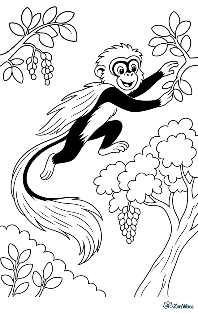 A black-and-white colobus monkey leaps between treetops, its long tail flowing behind while leafy branches, seed clusters, and open sky create an airy forest scene.