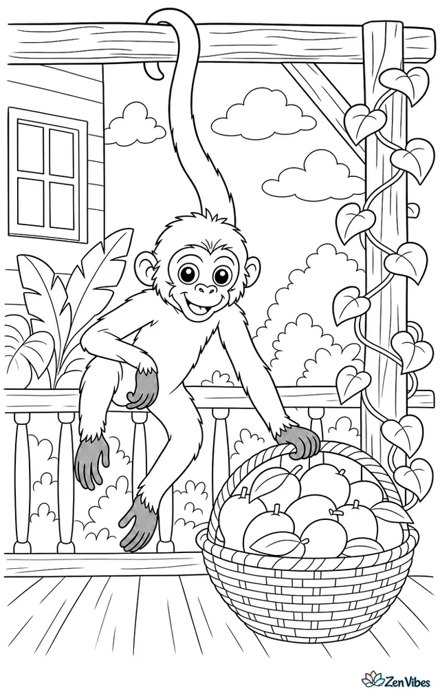 A black-handed spider monkey hangs by its tail near a woven basket of mangoes, surrounded by porch railings, climbing vines, and wooden posts in a tropical homestead scene.