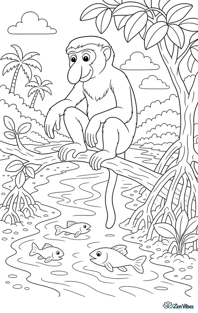 A proboscis monkey sits on a branch over a winding river, watching fish below while mangrove roots, broad leaves, mud banks, and distant palms shape the wetland view.