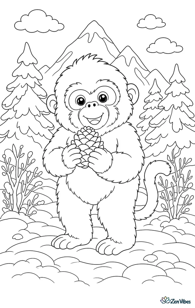 A golden snub-nosed monkey stands in a snowy pine forest, holding a pinecone while layered needles, snowdrifts, bare shrubs, and mountain peaks create a crisp winter scene.