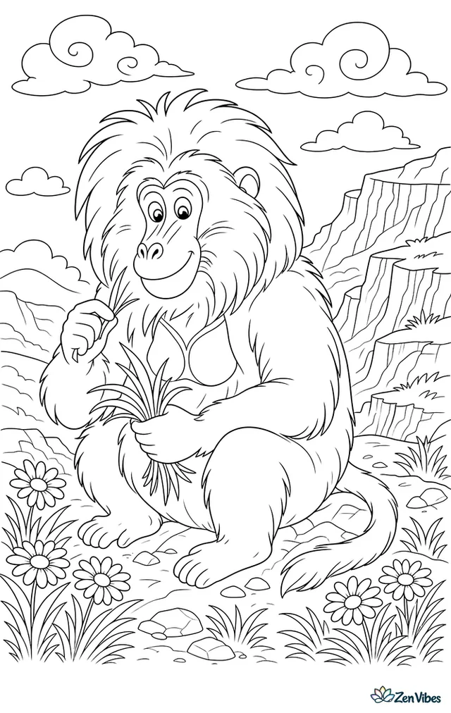 A gelada monkey plucks grass on a rocky highland slope, with tufts of meadow plants, layered cliffs, swirling clouds, and a few daisies around the open landscape.